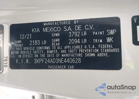 2022 Kia Forte Lxs из США, поврежденный, VIN 3KPF24AD3NE440628